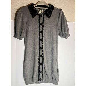Vintage Twelve By Twelve‎ Gray Knit  Black Lace Collar Button Down Mini Dress